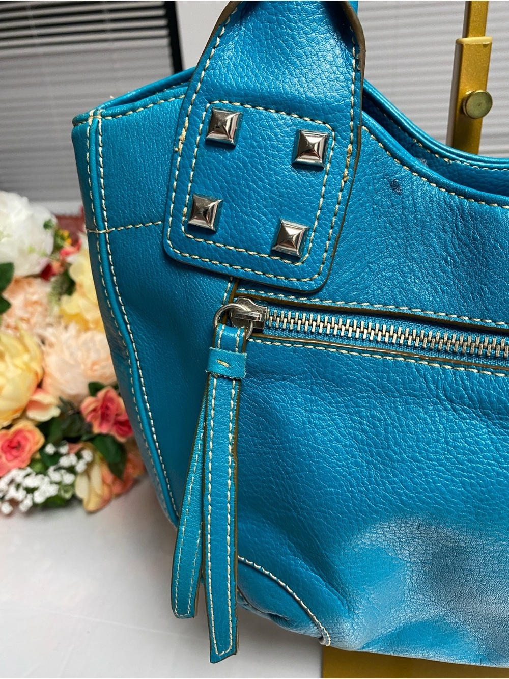 St. John’s Bay Genuine Leather Studded Shoulder Tote Turquoise, Pink Lined Bag - Picture 4 of 16